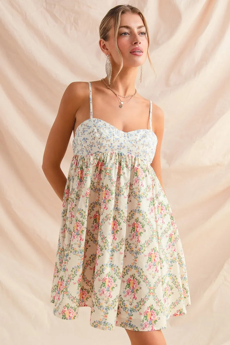 SO ME Mixed Floral Print Sleeveless Mini Dress