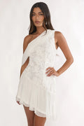 Anaisa Ein-Schulter-Minikleid mit Drapierung und Verzierungen Off-White