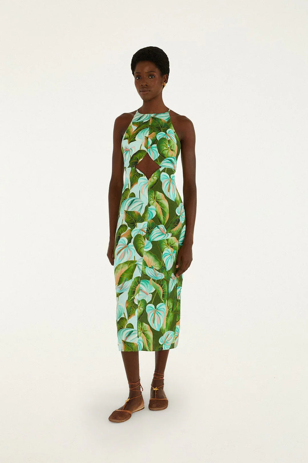 Grünes Anthurium-Blätter Cut-Out Midikleid