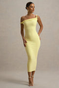 Salome | Zitronengelbes asymmetrisches Midikleid mit Verdrehungen