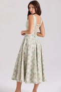 salbeigrünes Baumwoll-Midikleid mit Blumenmuster
