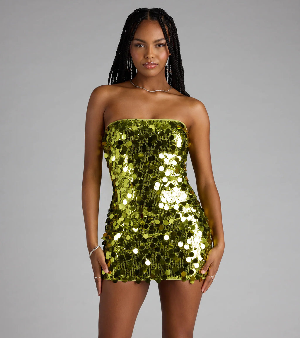 Party-Starter Pailletten-trägerloses Bodycon Minikleid