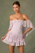 Schulterfreies, gerafftes Minikleid in Flieder