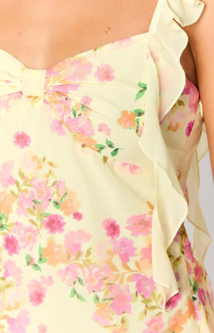 Joyce gelbes Chiffon-Minikleid mit Blumenmuster