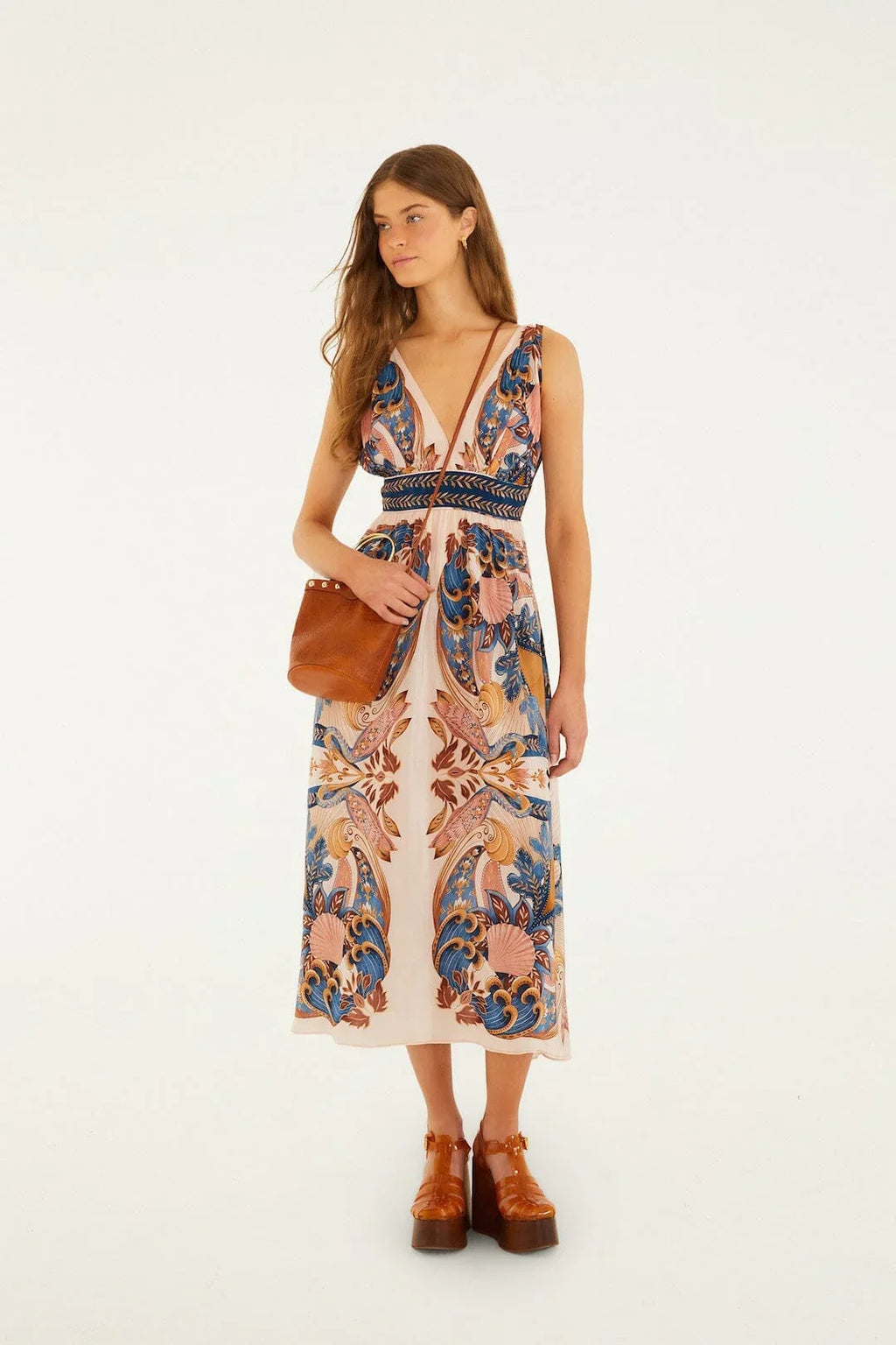 Soft Pink Garden Scarf V Neck Midi Dress