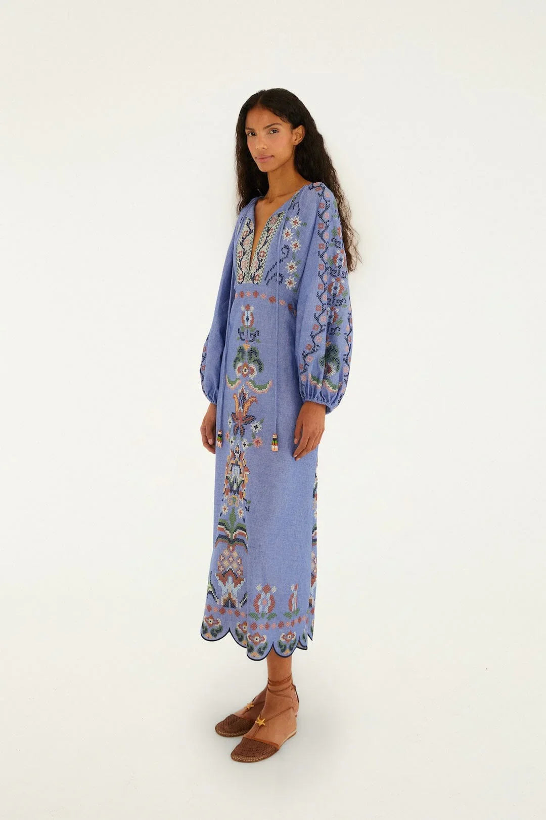 Blue Garden Tapestry Embroidered Long Sleeve Midi Dress